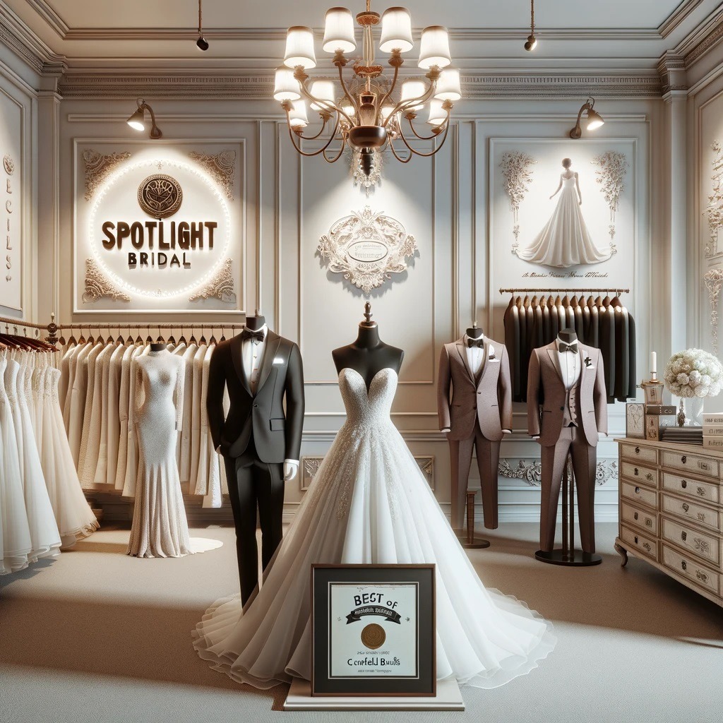 Interior of Spotlight Bridal store showcasing elegant wedding and prom dresses, a mannequin in a tuxedo, and the 2015 Best of Council Bluffs Award.