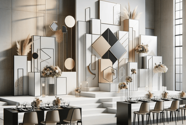 Modern wedding theme in an art gallery with minimalistic designs, geometric shapes, and contemporary décor including acrylic signs and metallic touches.