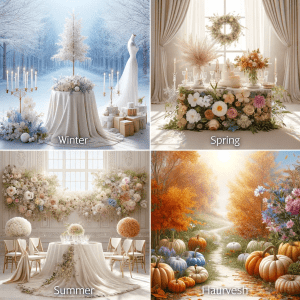 Collage of four wedding themes for each season: Winter Wonderland, Spring Blossoms, Summer Sunshine, and Autumn Harvest, with appropriate seasonal décor.