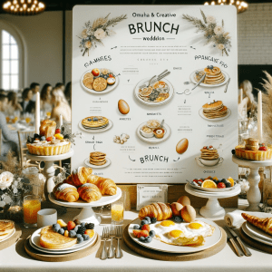 Elegant brunch wedding reception with guests enjoying a variety of breakfast items like pastries, omelets, and pancakes in a joyful daytime setting.