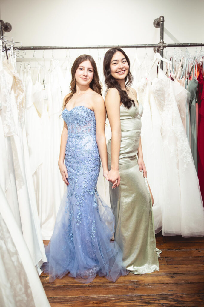 Periwinkle 3D floral tulle prom dress and sleek satin open-back gown for a dreamy and sophisticated look. Elegant emerald prom dresses