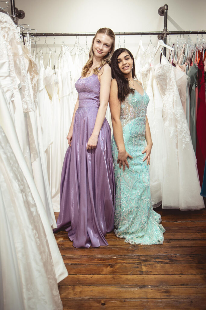 Lilac satin A-line prom dress with A/B stone details and mint sheer top gown with intricate beaded pattern for a dazzling look. prom dress rental vs purchase