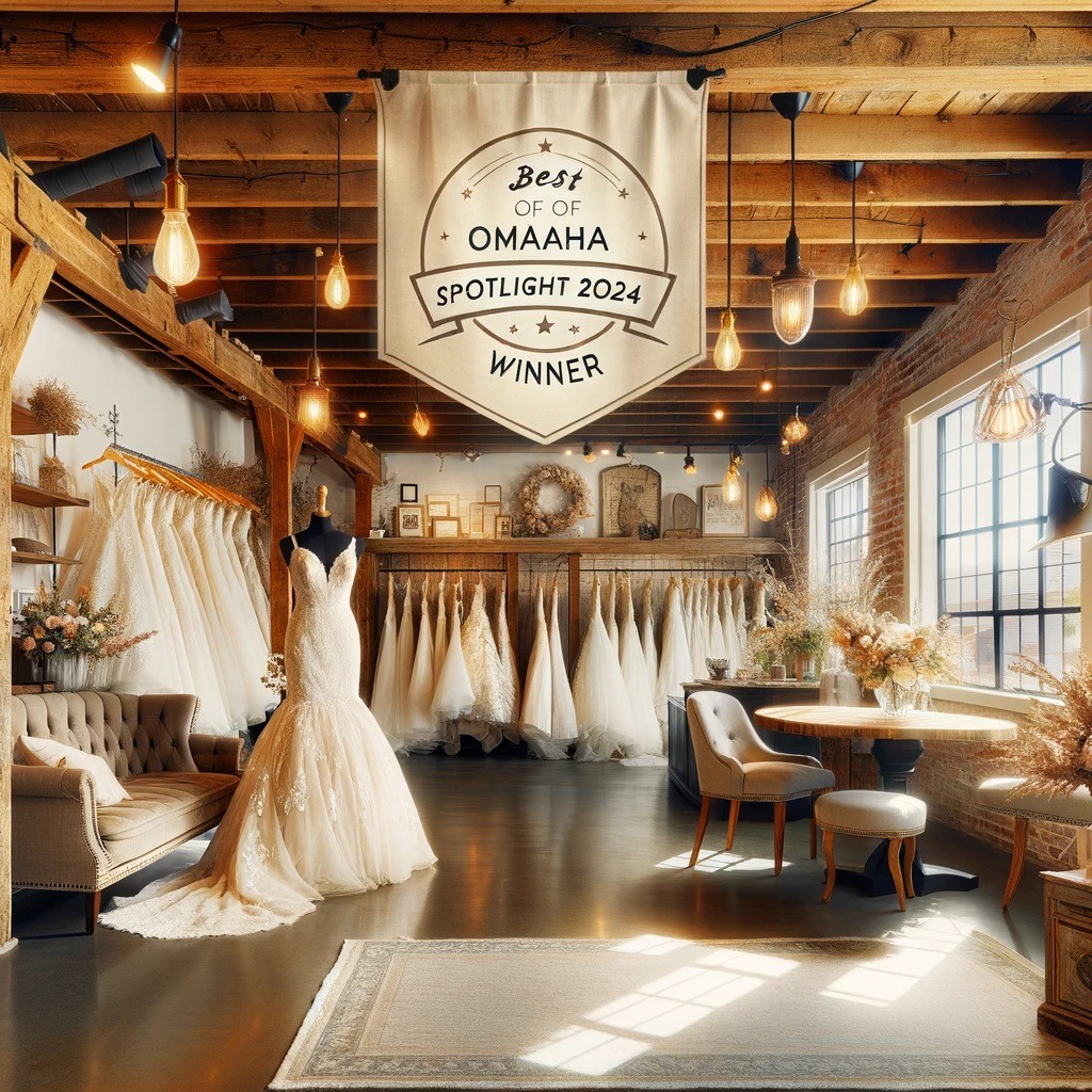 Spotlight Bridal store interior celebrating 'Best of Omaha 2024' award, featuring rustic chic decor, elegant bridal gowns, and stylish tuxedos, with a banner proclaiming the accolade.