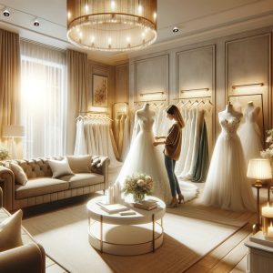 An elegant bridal boutique interior with a variety of wedding dresses on display, featuring staff assisting a bride in a beautiful gown, in a warmly lit, tastefully decorated space symbolizing the essence of bridal elegance and personalized service in Omaha.