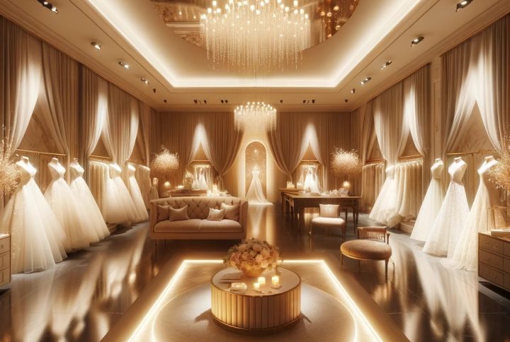 Panoramic view of the warm and inviting Spotlight Bridal boutique, with soft lighting enhancing the luxurious decor and meticulously arranged bridal and prom collections.