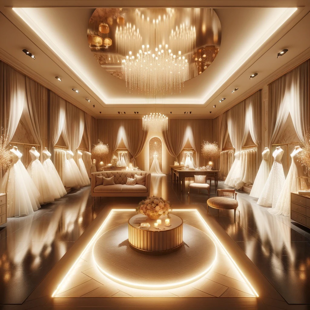 Panoramic view of the warm and inviting Spotlight Bridal boutique, with soft lighting enhancing the luxurious decor and meticulously arranged bridal and prom collections.