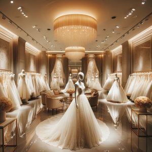 Interior of Spotlight Bridal boutique with elegant wedding dresses on display, highlighting a mix of classic and contemporary styles in a sophisticated setting.