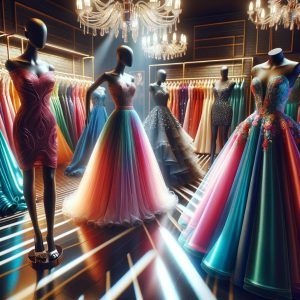Colorful and stylish prom dress display at a high-end boutique, featuring a variety of bold designs that capture the spirit of youthful elegance and celebration.
