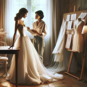 A bride in a fitting session with a stylist, both examining a sketchpad, beside a mirror reflecting a partially tailored customized wedding dress, surrounded by a warmly lit room with mood boards and fabric swatches.