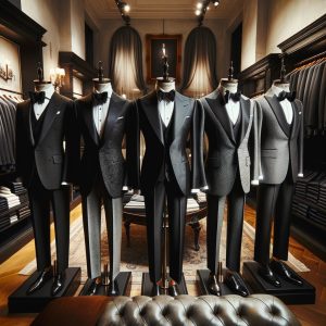 Sophisticated tuxedo display in a boutique, showcasing a range of styles from traditional black to modern designs, emphasizing luxury and bespoke tailoring.