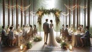 Elegant and realistic themed wedding scene with a bride and groom standing under a simple archway of greenery and lights, surrounded by guests seated at tastefully decorated tables in a serene, natural setting.