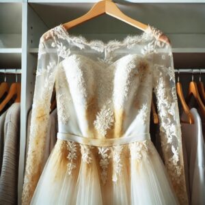 Wedding dress hanging in a well-lit closet, showing slight yellowing, faint stains, and minor fraying, highlighting the subtle signs of wear that emphasize the importance of proper preservation.