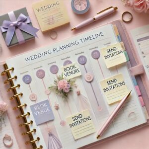 A visually appealing image of a wedding planning timeline concept. A desk with a planner open to a timeline page, a calendar marked with important wedding details