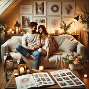 A serene and romantic scene featuring a couple enjoying a quiet moment together amidst wedding planning. They are sitting on a cozy couch, holding hands, and enjoying the moment. 