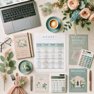 A stylish and organized scene of a wedding budget planning setup. A table with a laptop displaying a budget spreadsheet, a calculator, wedding brochure.