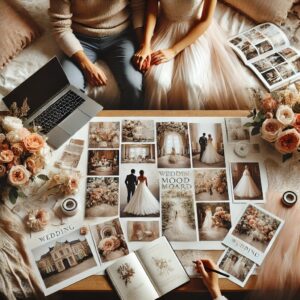 An elegant image of a couple sitting together with a wedding mood board in front of them, featuring photos of venues, flowers, and dresses.
