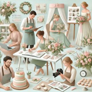 A collaborative scene featuring various wedding professionals working together, including a wedding planner, florist, photographer, and caterer.
