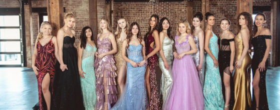 Models showcasing a stunning variety of prom dresses from Spotlight Bridal’s 2025 collection, featuring bold colors, sparkling sequins, and elegant designs, perfect for Prom 2025 in Omaha.