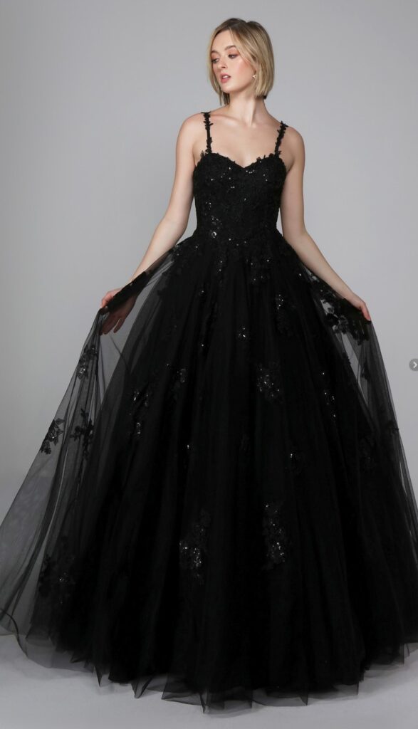 Black ballgown with lace overlay. black wedding dresses