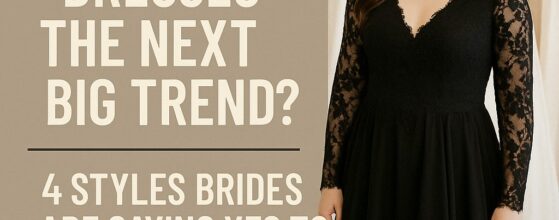 romotional graphic featuring a smiling bride in a black lace wedding gown, with the text “Are Black Wedding Dresses the Next Big Trend? 4 Styles Brides Are Saying Yes To – Spotlight Bridal.”