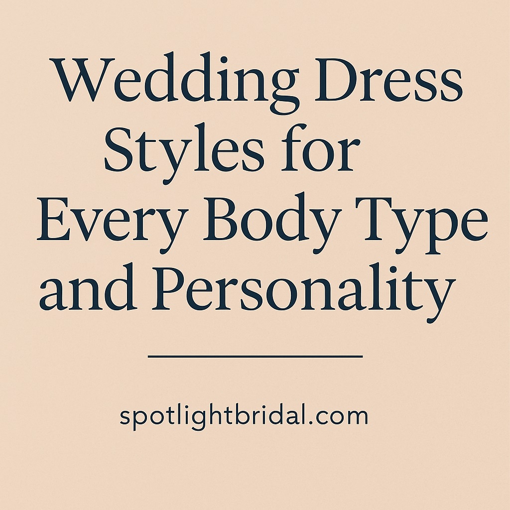 graphic with the title "Wedding Dress Styles for Every Body Type and Personality" and the URL spotlightbridal.com on a beige background