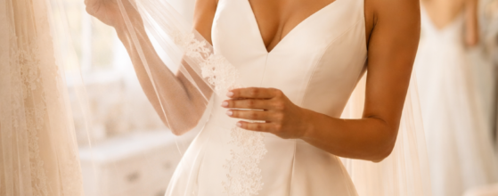 A bride browsing wedding veil fabric swatches at a bridal boutique