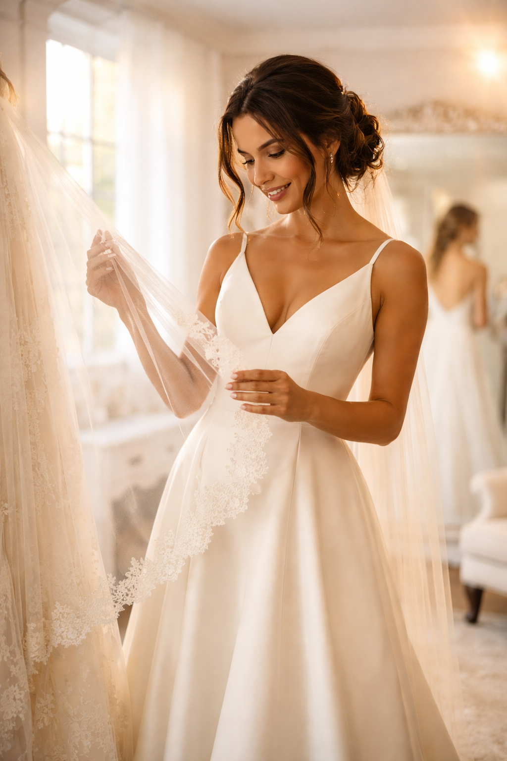 A bride browsing wedding dress lining fabric swatches at a bridal boutique