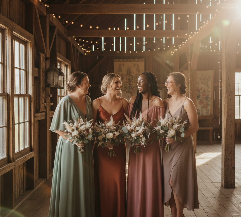 Mix and match bridesmaid dresses Omaha NE in earthy tones including sage green terracotta and dusty rose at Spotlight Bridal