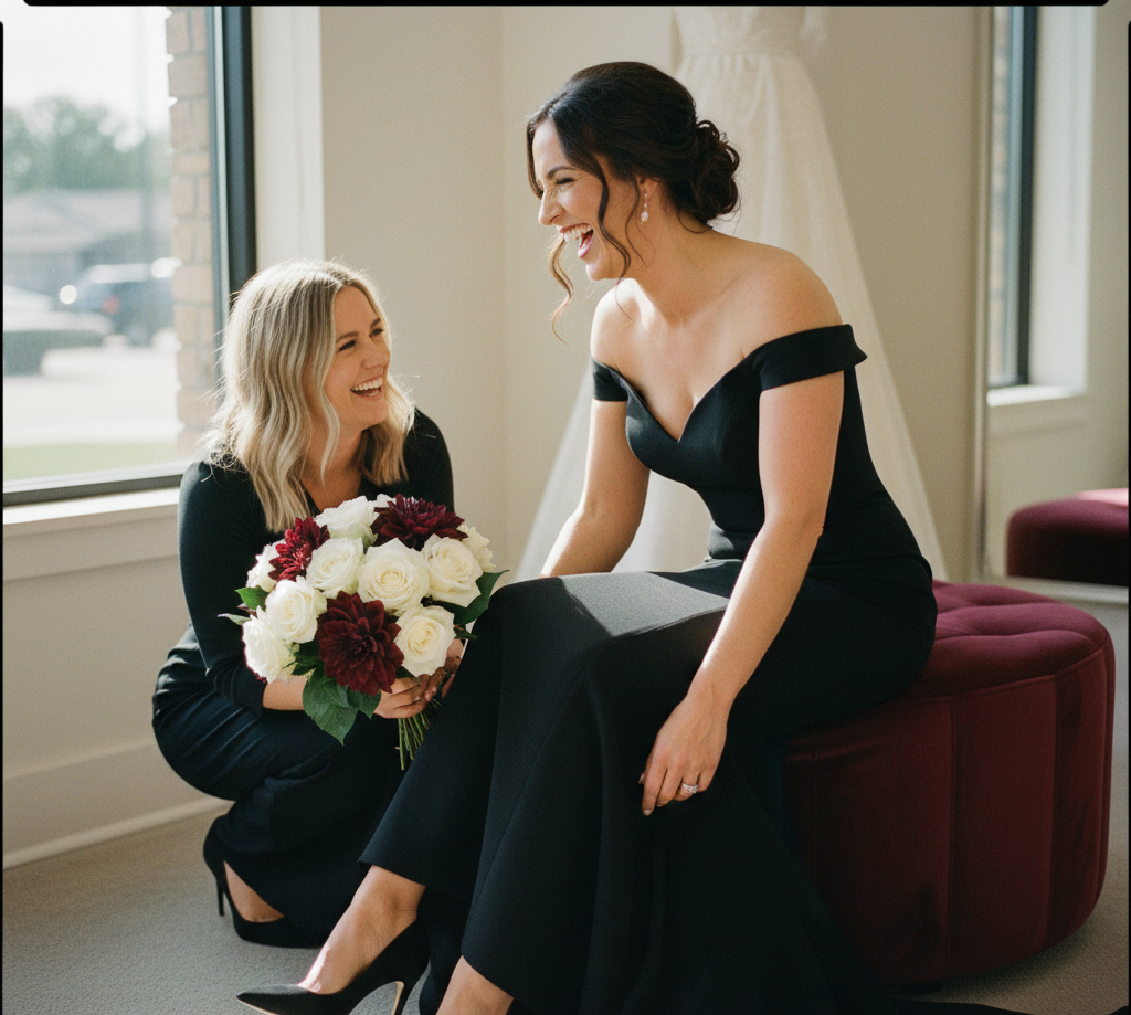 Candid shot of a bride in a black mermaid wedding dress laughing with a friend who is holding a white and burgundy bouquet in a bridal shop.