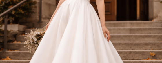 Strapless Vintage wedding dresses 1950s satin tea-length bridal gown on courthouse steps in autumn. Perfect fit after wedding dress alterations