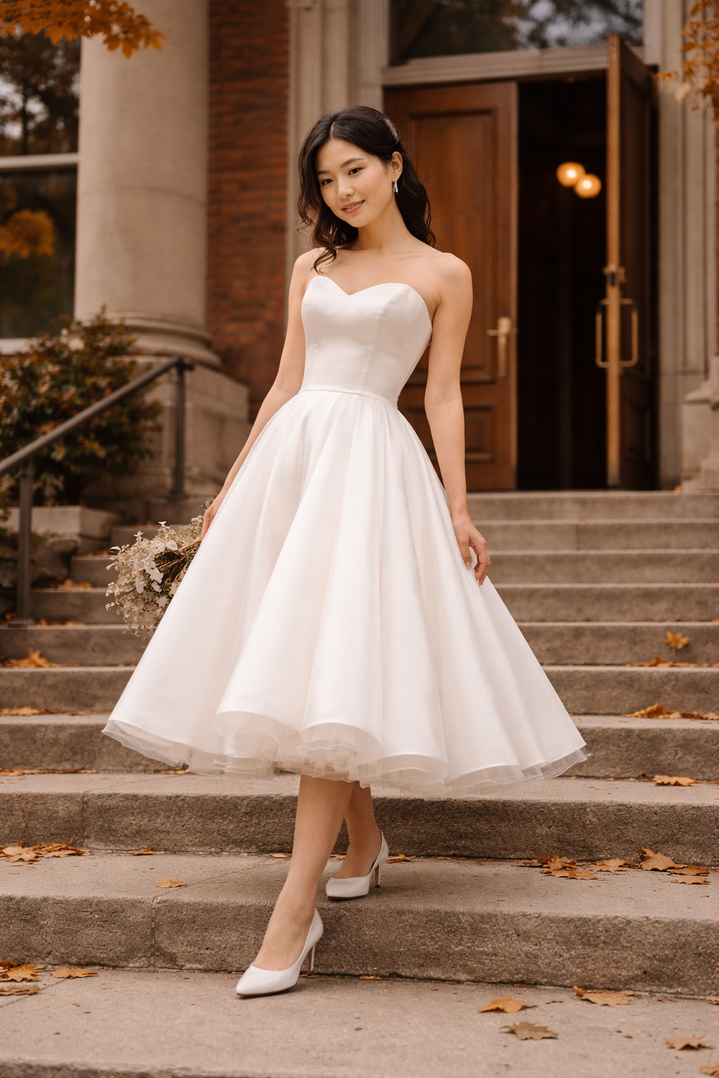 Strapless Vintage wedding dresses 1950s satin tea-length bridal gown on courthouse steps in autumn. Perfect fit after wedding dress alterations