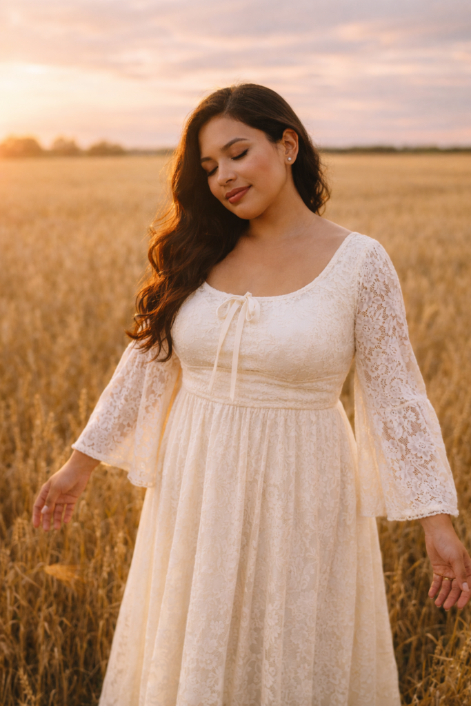 Vintage wedding dresses 1970s bohemian lace empire-waist bridal gown in golden wheat field at sunset.