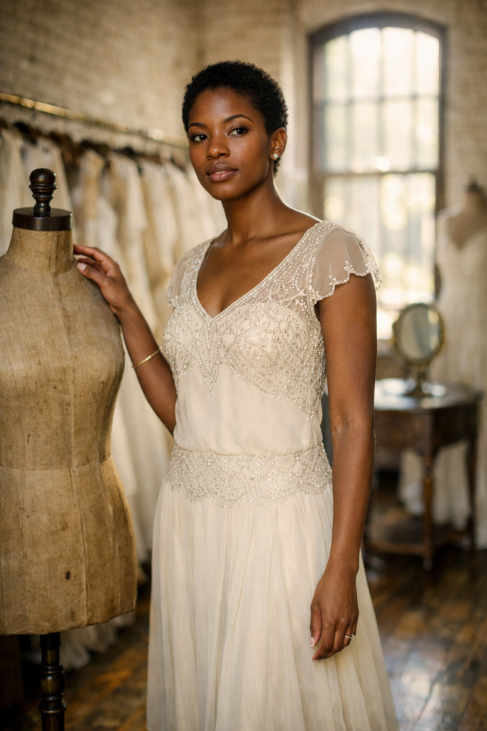 Vintage wedding dresses 1920s ivory Art Deco beaded drop-waist gown in sunlit bridal boutique.