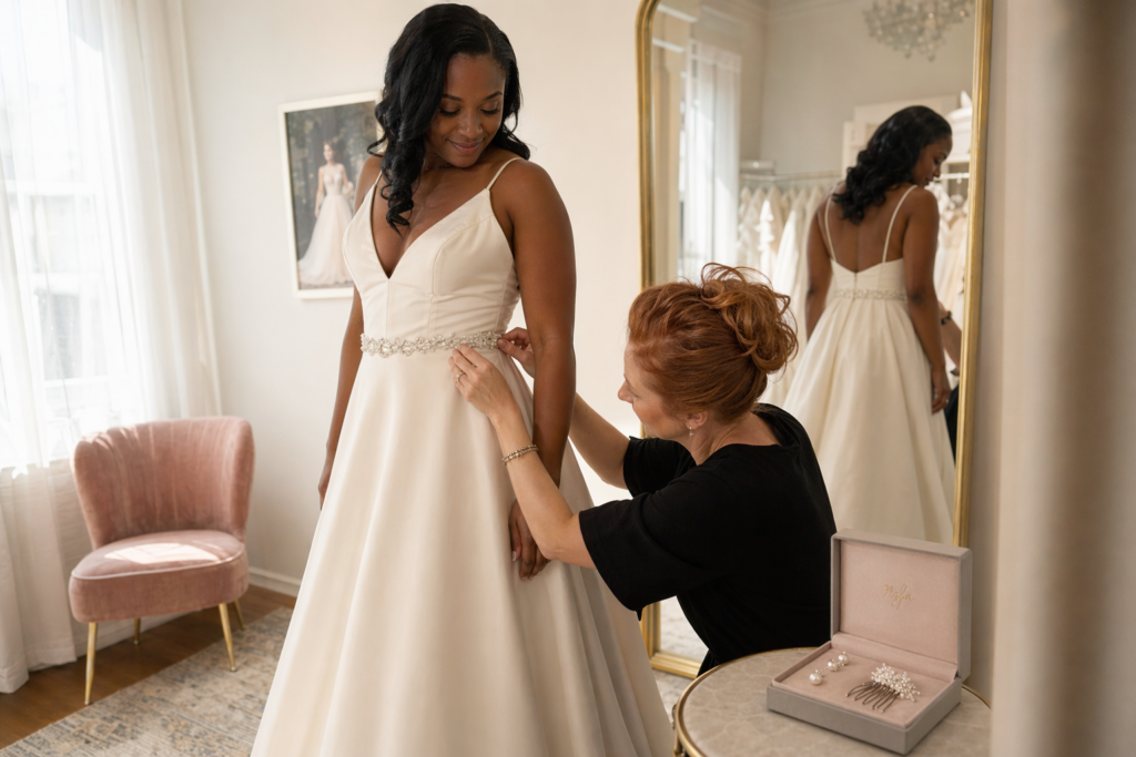 Bride trying on wedding dress accessories including a crystal belt with help from a stylist at a bridal boutique