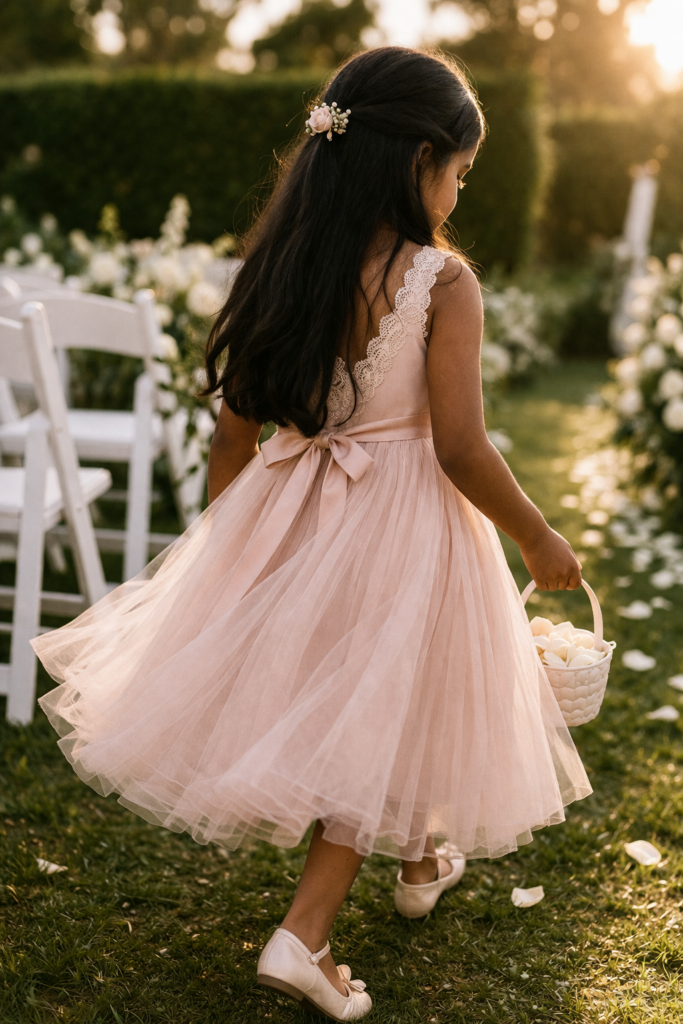 Flower girl dresses Ralston NE young girl in blush pink tulle dress walking outdoor garden wedding aisle at golden hour