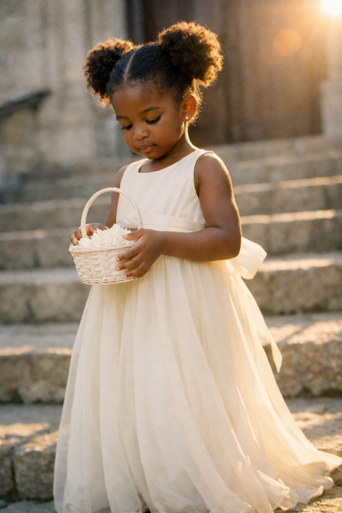 Flower girl dresses Ralston NE young girl in ivory chiffon dress on church steps at morning wedding ceremony