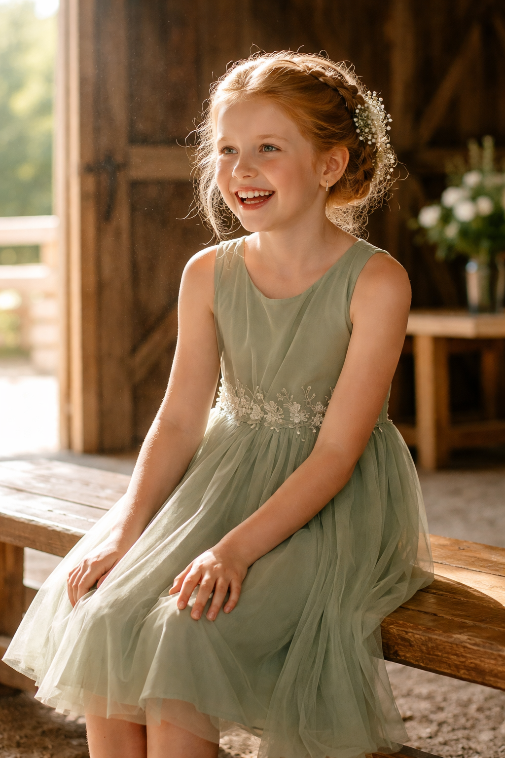 Flower girl dresses Ralston NE young girl in sage green chiffon flower girl dress seated inside rustic barn wedding venue at midday