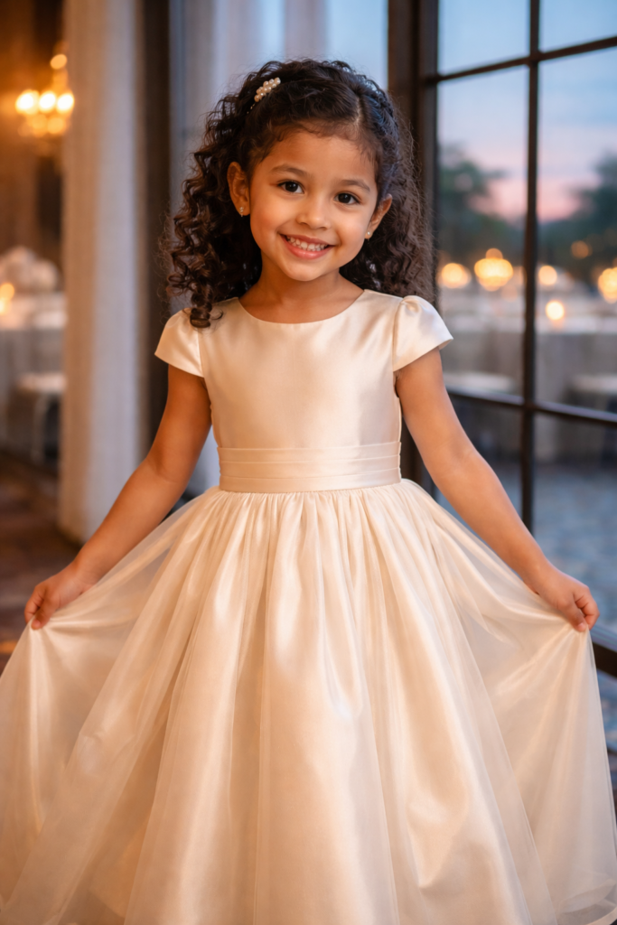 Flower girl dresses Ralston NE young girl in champagne satin dress standing by ballroom window at dusk wedding reception