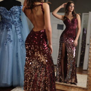 Shimmer from every angle in this stunning two-toned sequin prom dress, featuring a bold burgundy-to-gold fade and an alluring open back. Two-toned burgundy and gold sequin prom dress with open back and fitted silhouette. when to buy prom dress