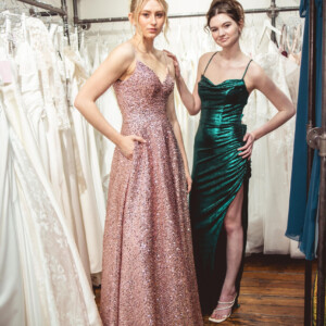 From a shimmering pink A-line dress with pockets to a sleek metallic emerald ruched gown—two statement-making styles for prom 2025! Foil sequin pink A-line prom dress with pockets and metallic emerald prom dresses ruched fitted gown for a stylish and elegant look.